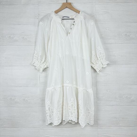 Tart Mia White Eyelet Dress Women L Ruffle Hem Peasant Dainty Cotton Cottagecore - Picture 14 of 15